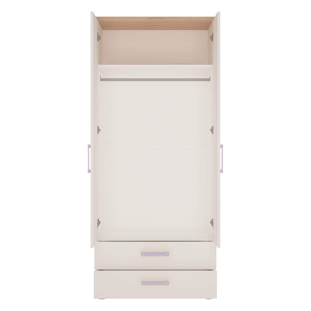 4KIDS 2 door 2 drawer wardrobe in light oak and white high gloss with lilac handles