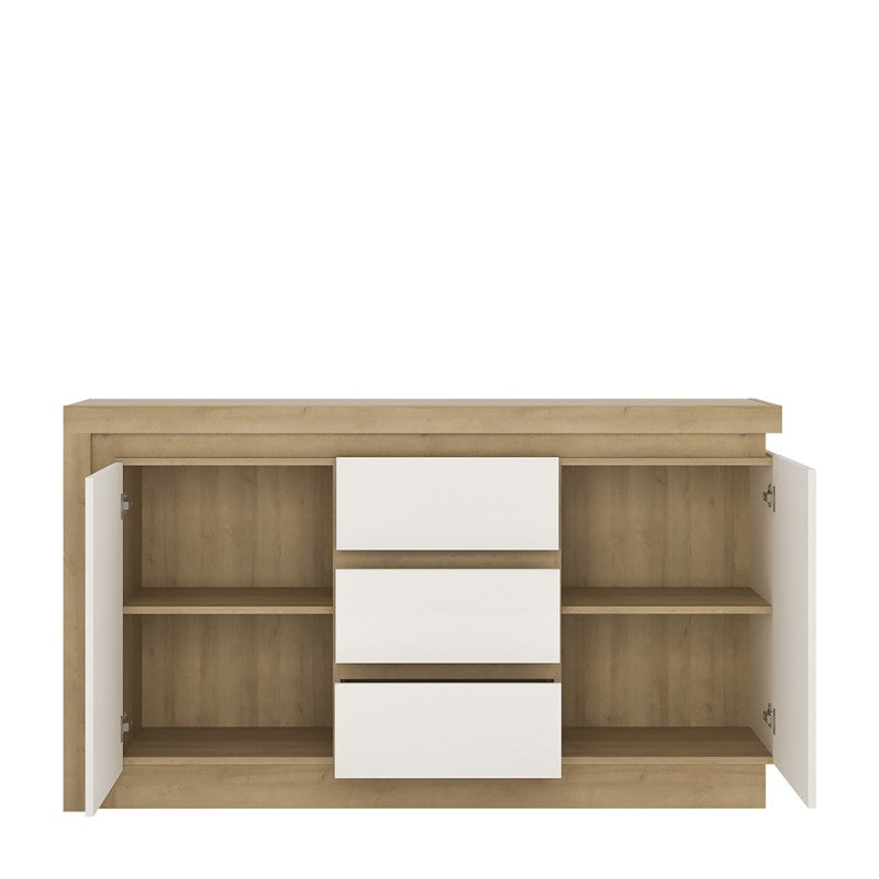 Lyon 2 door 3 drawer sideboard (including LED lighting) in Riviera Oak/White High Gloss