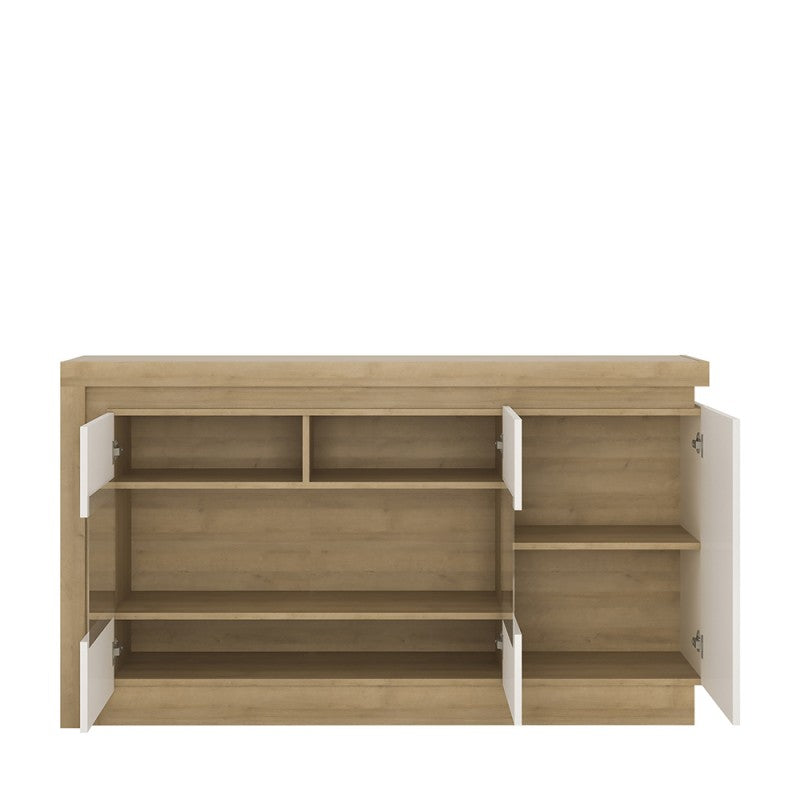 Lyon 3 door glazed sideboard (including LED lighting) in Riviera Oak/White High Gloss