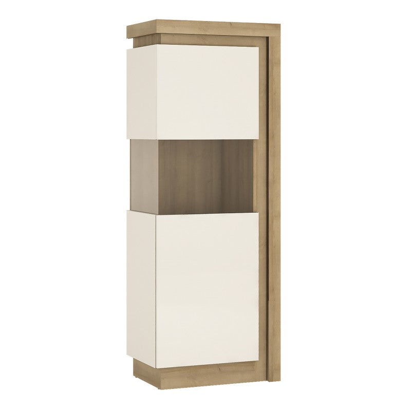 Lyon Narrow display cabinet (LHD) 164.1cm high (including LED lighting) in Riviera Oak/White High Gloss