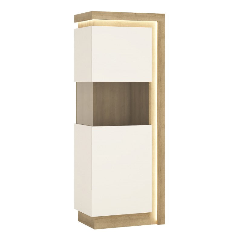 Lyon Narrow display cabinet (LHD) 164.1cm high (including LED lighting) in Riviera Oak/White High Gloss