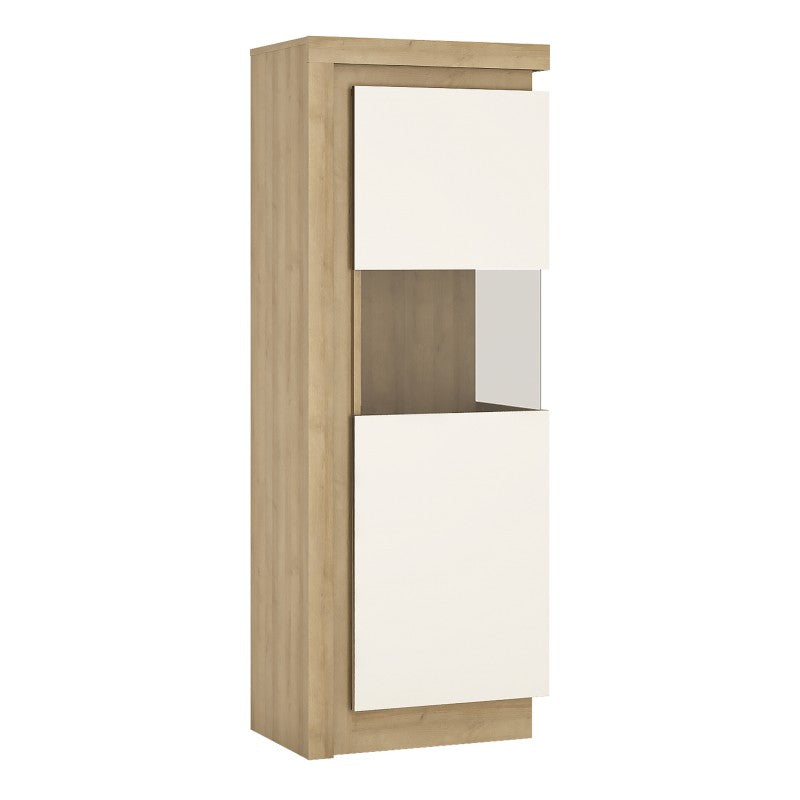 Lyon Narrow display cabinet (RHD) 164.1cm high (including LED lighting) in Riviera Oak/White High Gloss