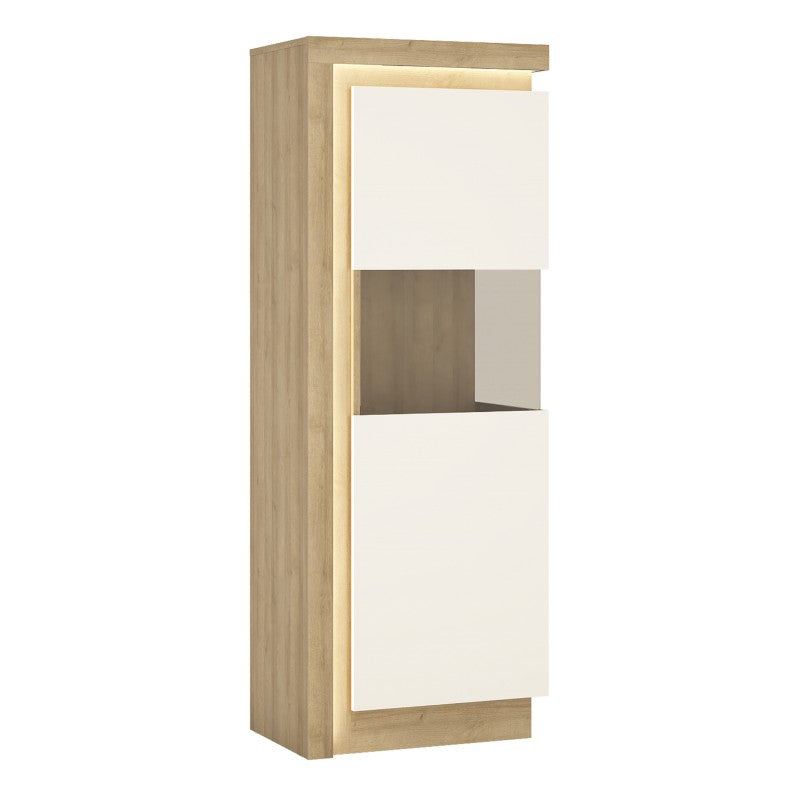 Lyon Narrow display cabinet (RHD) 164.1cm high (including LED lighting) in Riviera Oak/White High Gloss