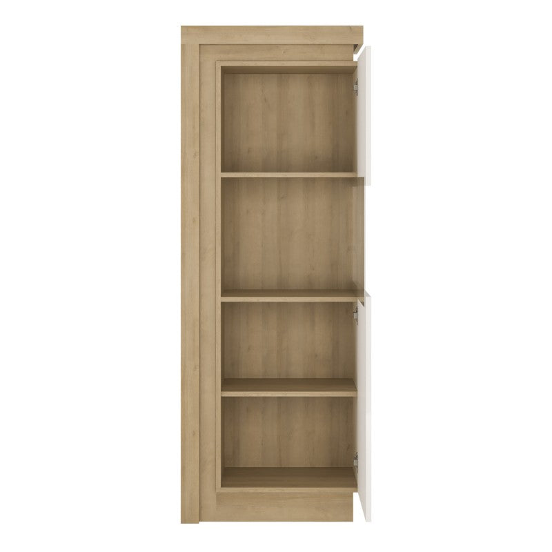 Lyon Narrow display cabinet (RHD) 164.1cm high (including LED lighting) in Riviera Oak/White High Gloss