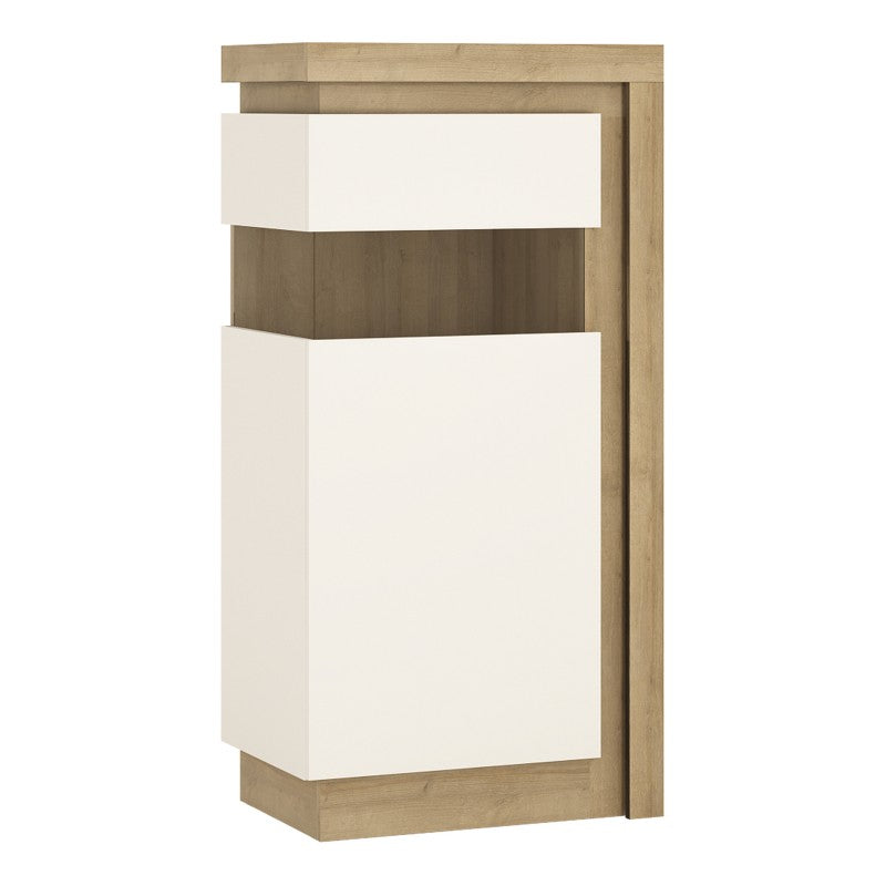 Lyon Narrow display cabinet (LHD) 123.6cm high (including LED lighting) in Riviera Oak/White High Gloss