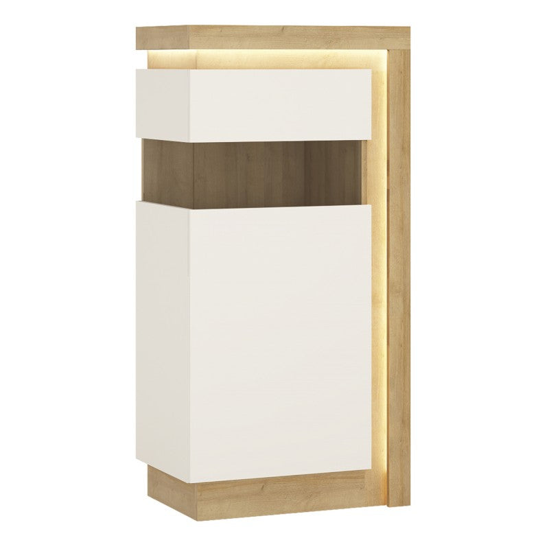 Lyon Narrow display cabinet (LHD) 123.6cm high (including LED lighting) in Riviera Oak/White High Gloss