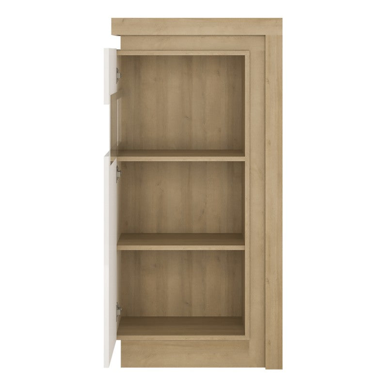 Lyon Narrow display cabinet (LHD) 123.6cm high (including LED lighting) in Riviera Oak/White High Gloss