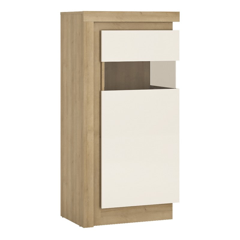 Lyon Narrow display cabinet (RHD) 123.6cm high (including LED lighting) in Riviera Oak/White High Gloss
