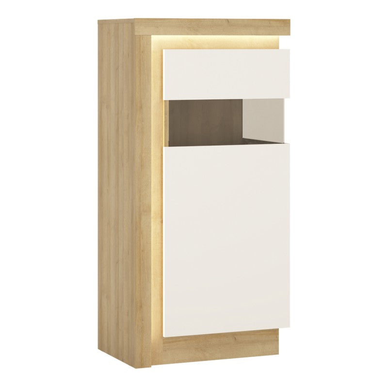 Lyon Narrow display cabinet (RHD) 123.6cm high (including LED lighting) in Riviera Oak/White High Gloss