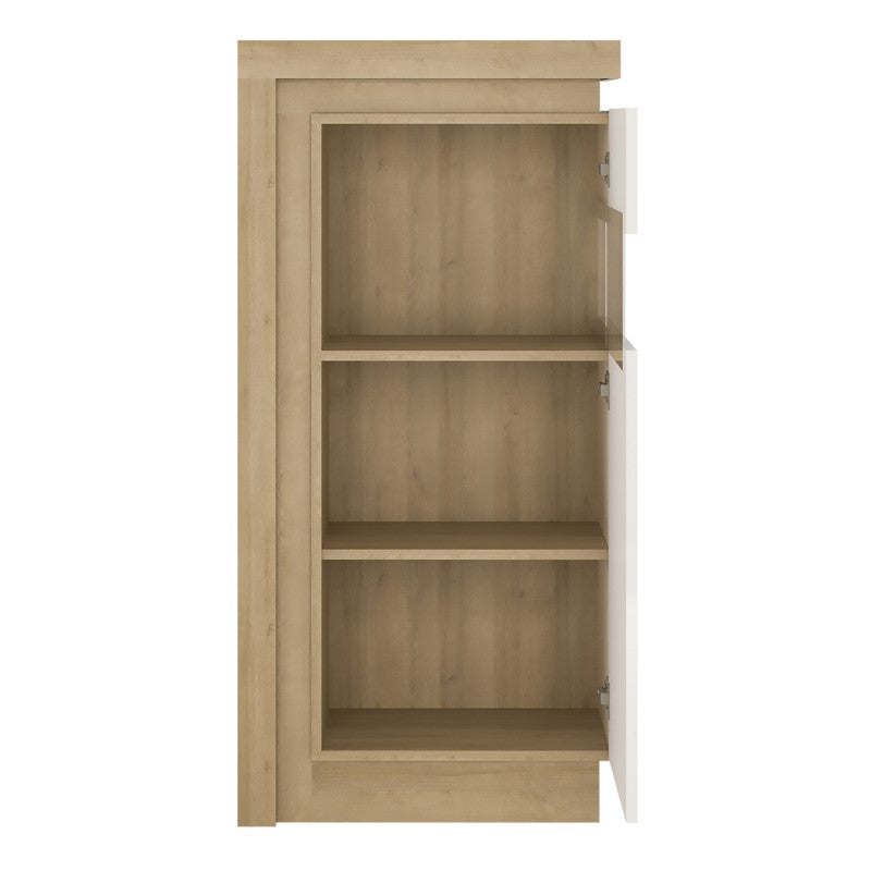 Lyon Narrow display cabinet (RHD) 123.6cm high (including LED lighting) in Riviera Oak/White High Gloss