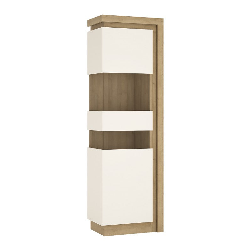 Lyon Tall narrow display cabinet (LHD) (including LED lighting) in Riviera Oak/White High Gloss