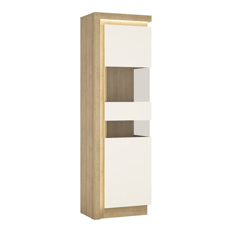 Lyon Tall narrow display cabinet (RHD) (including LED lighting) in Riviera Oak/White High Gloss