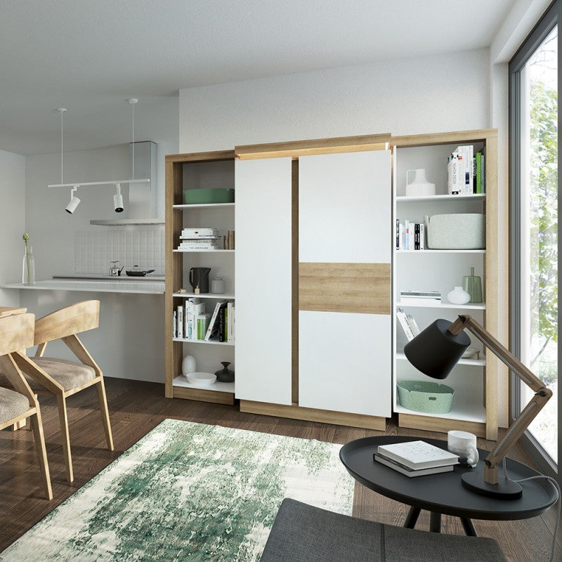 Lyon Bookcase (LH) in Riviera Oak/White high gloss