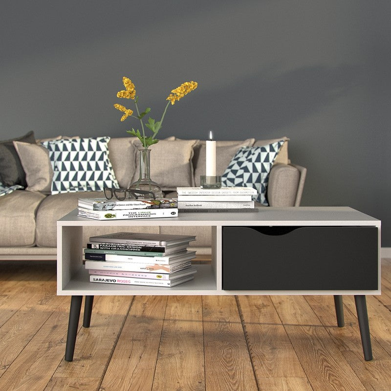 Oslo Coffee Table 1 Drawer 1 Shelf in White and Matt Black