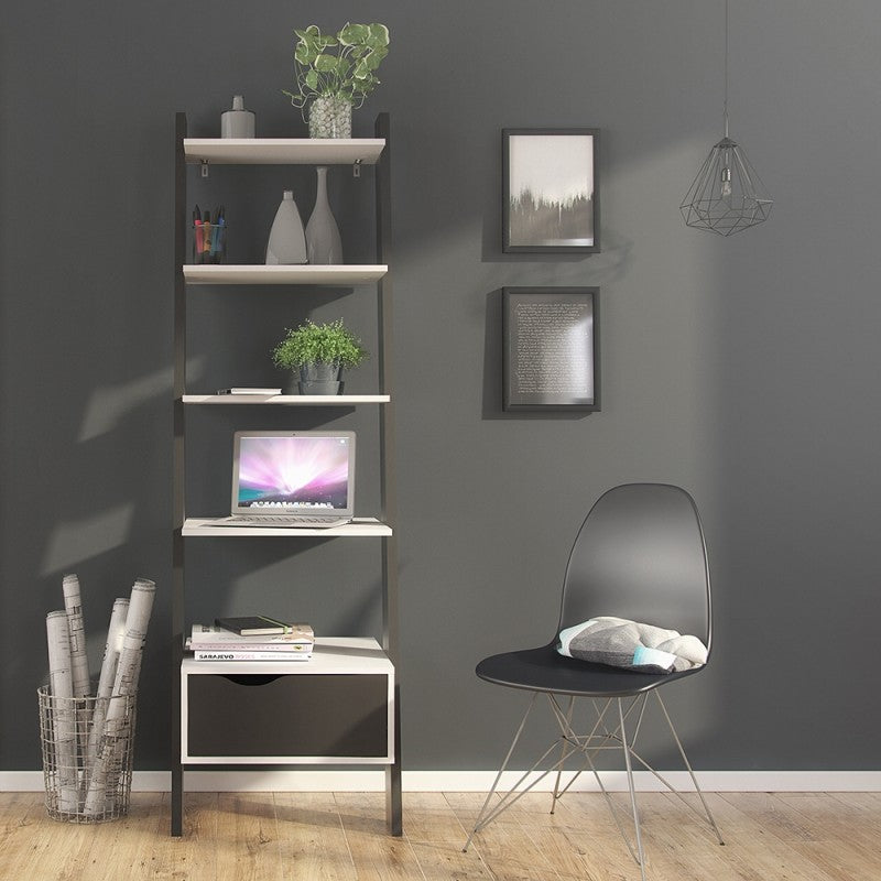 Oslo Leaning Bookcase 1 Drawer in White and Matt Black