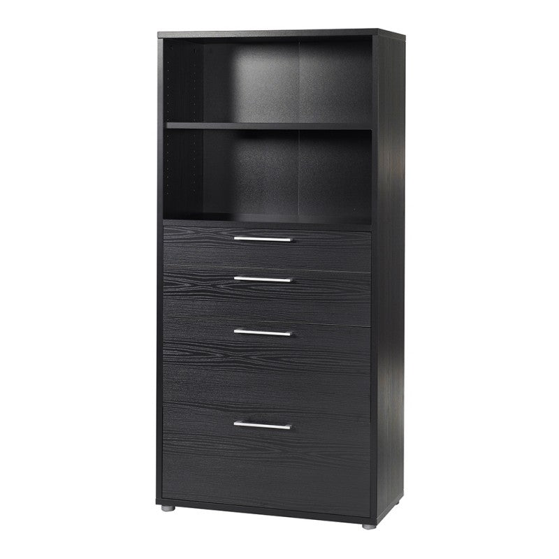 Prima Bookcase 1 Shelve with 2 Drawers + 2 File Drawers in Black Woodgrain