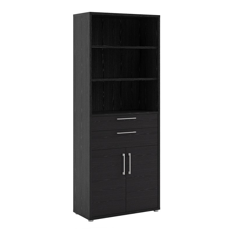 Prima Bookcase 3 Shelves with 2 Drawers and 2 Doors in Black Woodgrain