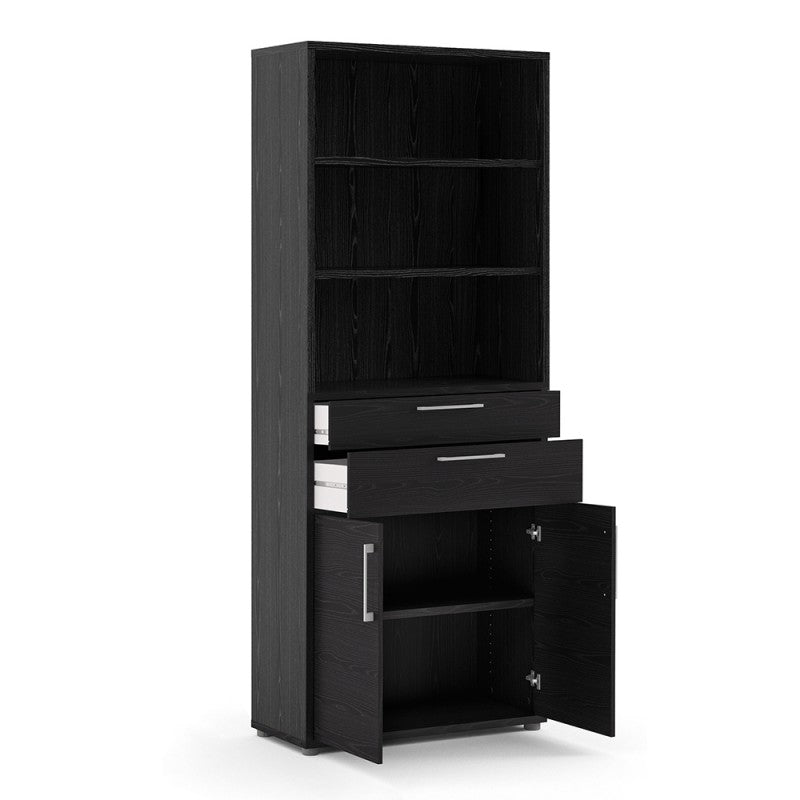 Prima Bookcase 3 Shelves with 2 Drawers and 2 Doors in Black Woodgrain