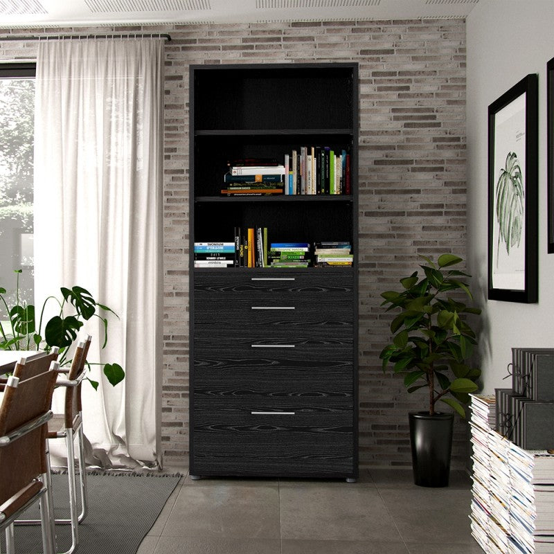 Prima Bookcase 2 Shelves with 2 Drawers + 2 File Drawers in Black woodgrain