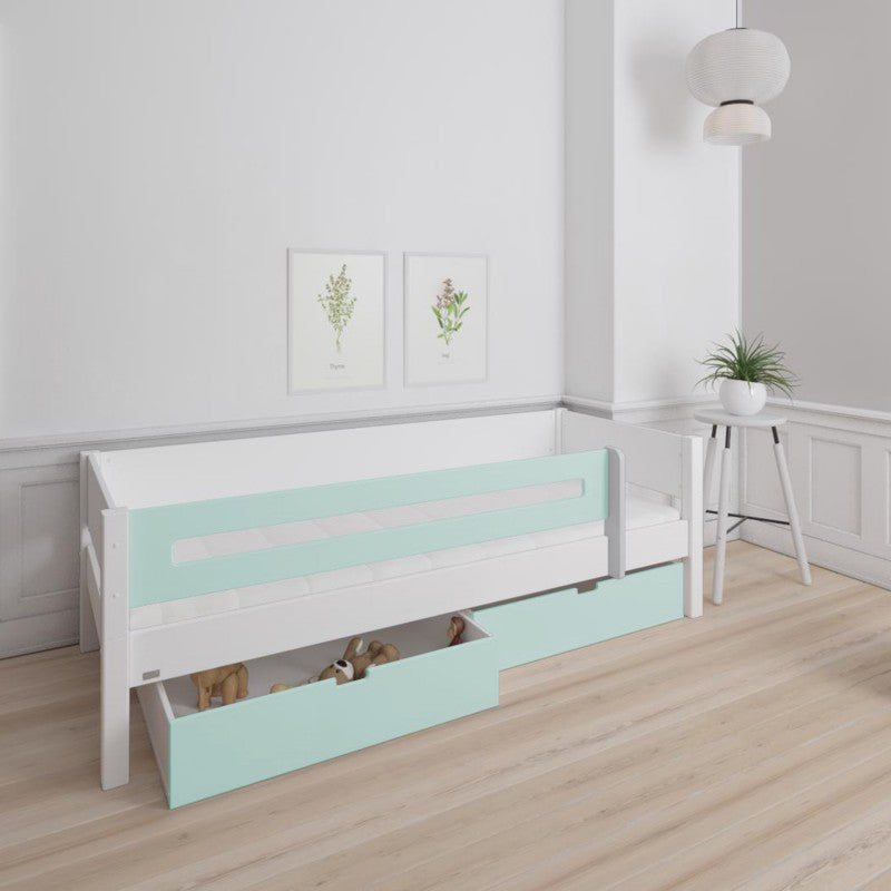 Manis-h White Day Bed with Safety Rail and 2 drawers in Azur Mint