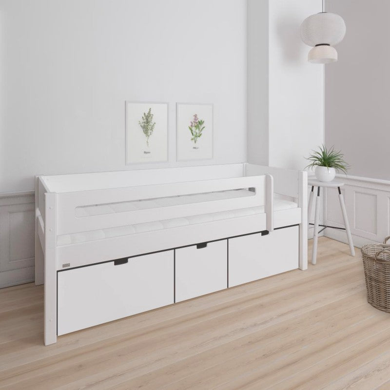 Manis-h White Day Bed with Safety Rail and 3 deep drawers in Snow White
