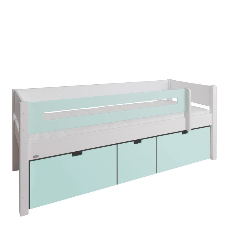 Manis-h White Day Bed with Safety Rail and 3 deep drawers in Azur Mint