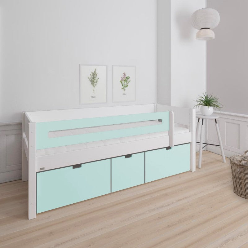 Manis-h White Day Bed with Safety Rail and 3 deep drawers in Azur Mint