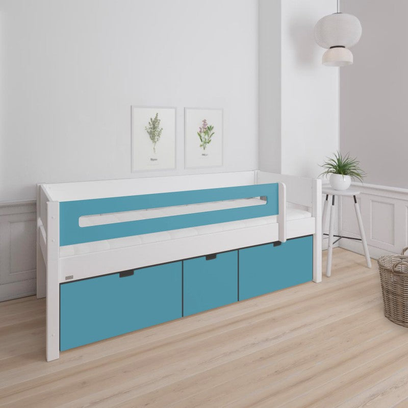 Manis-h White Day Bed with Safety Rail and 3 deep drawers in Petroleum