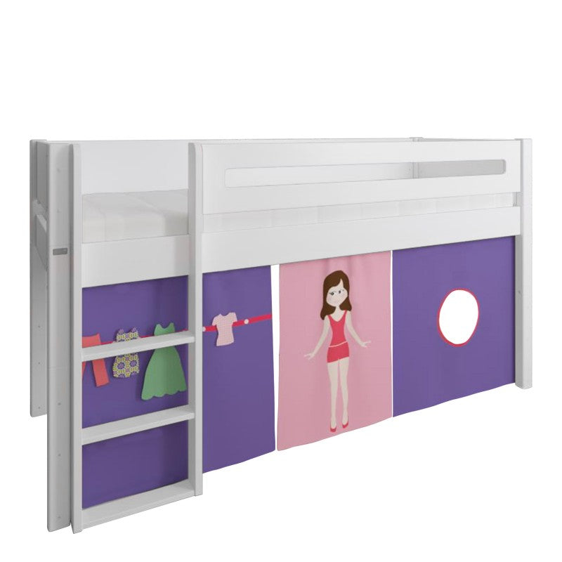 Manis-h White Mid Sleeper Bed with Safety Rail in Snow White and Dress up Doll Play Curtain