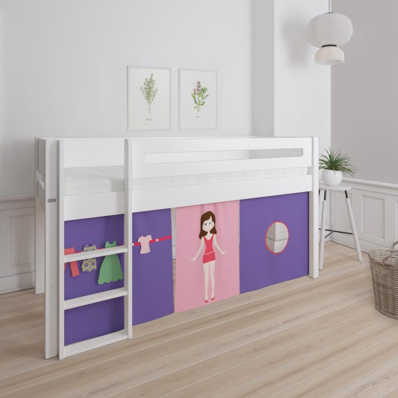 Manis-h White Mid Sleeper Bed with Safety Rail in Snow White and Dress up Doll Play Curtain