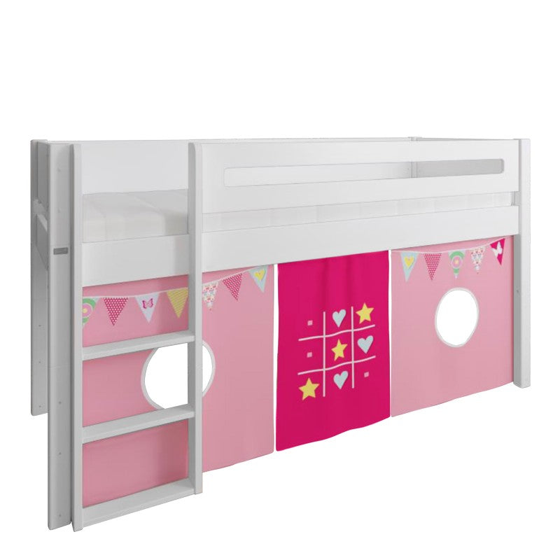Manis-h White Mid Sleeper Bed with Safety Rail in Snow White and TicTacToe & Bunting Play Curtain