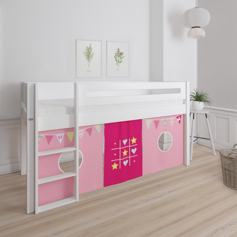 Manis-h White Mid Sleeper Bed with Safety Rail in Snow White and TicTacToe & Bunting Play Curtain