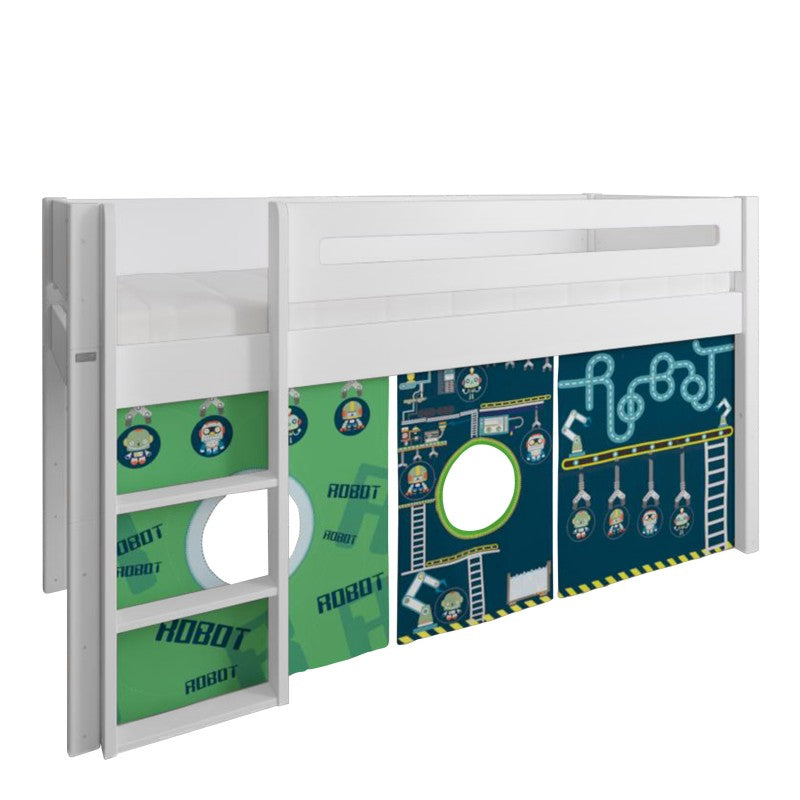 Manis-h White Mid Sleeper Bed with Safety Rail in Snow White and Robot Play Curtain