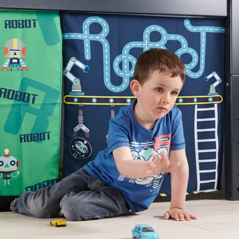 Manis-h White Mid Sleeper Bed with Safety Rail in Snow White and Robot Play Curtain