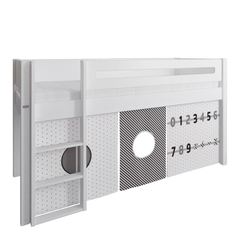 Manis-h White Mid Sleeper Bed with Safety Rail in Snow White and Numbers Play Curtain