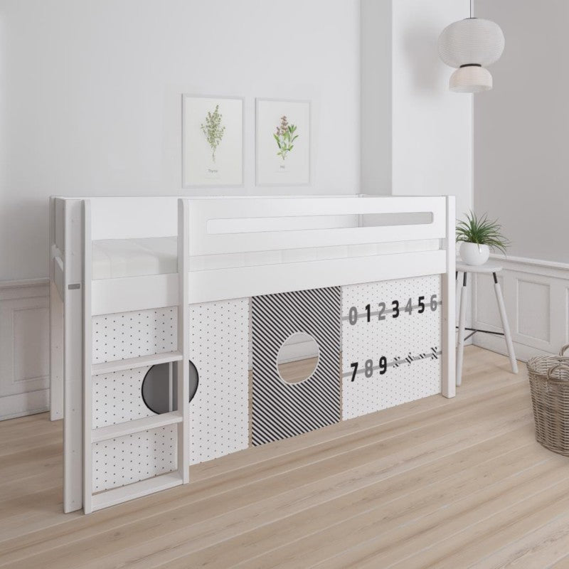 Manis-h White Mid Sleeper Bed with Safety Rail in Snow White and Numbers Play Curtain