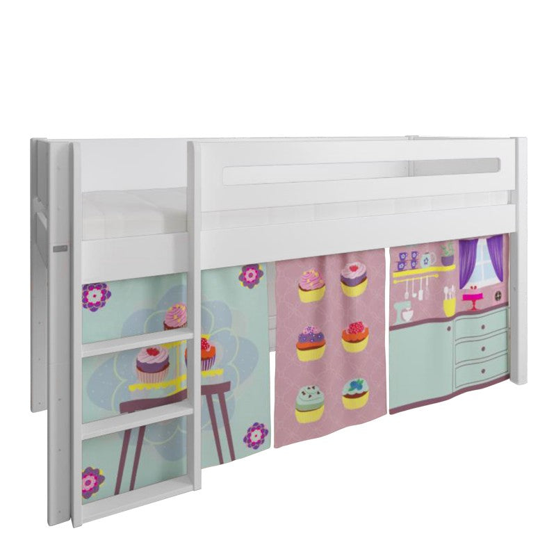 Manis-h White Mid Sleeper Bed with Safety Rail in Snow White and Cup Cake Play Curtain