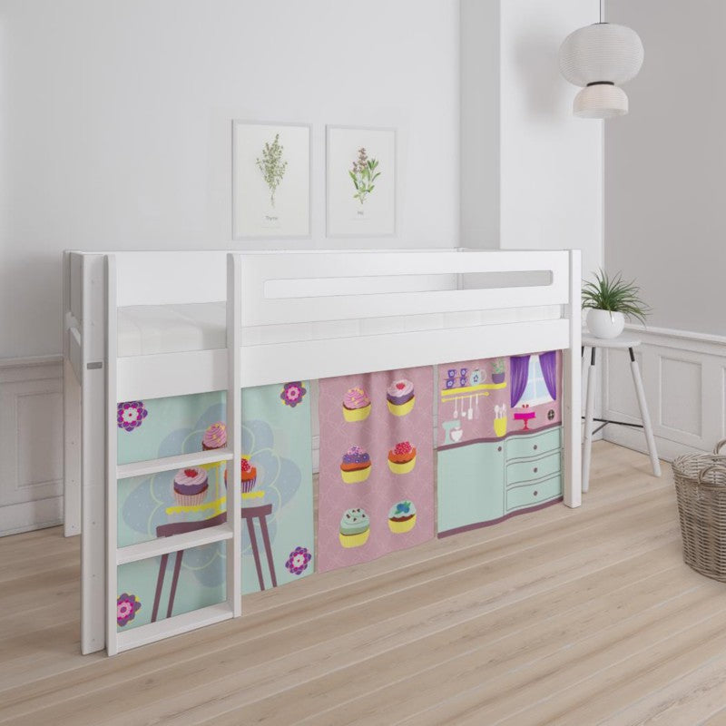 Manis-h White Mid Sleeper Bed with Safety Rail in Snow White and Cup Cake Play Curtain