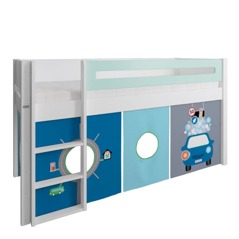 Manis-h White Mid Sleeper Bed with Safety Rail in Azur Mint and Carwash & Traffic Play Curtain