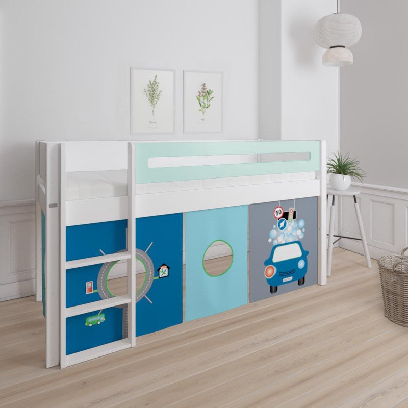 Manis-h White Mid Sleeper Bed with Safety Rail in Azur Mint and Carwash & Traffic Play Curtain