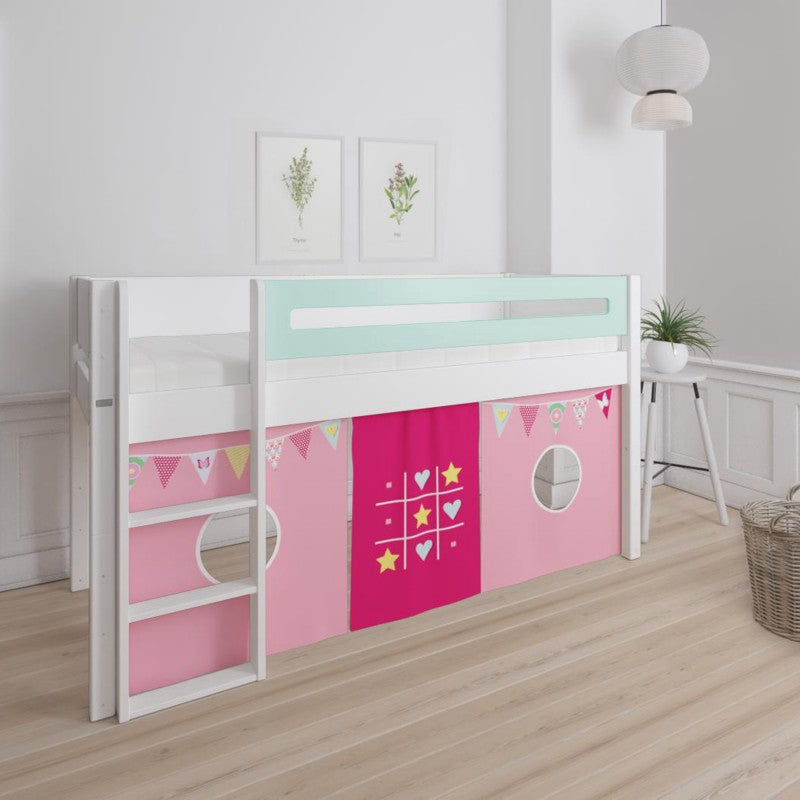 Manis-h White Mid Sleeper Bed with Safety Rail in Azur Mint and TicTacToe & Bunting Play Curtain