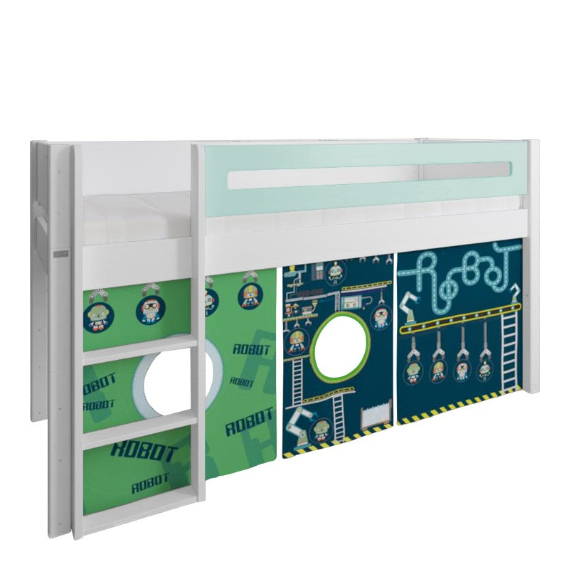 Manis-h White Mid Sleeper Bed with Safety Rail in Azur Mint and Robot Play Curtain