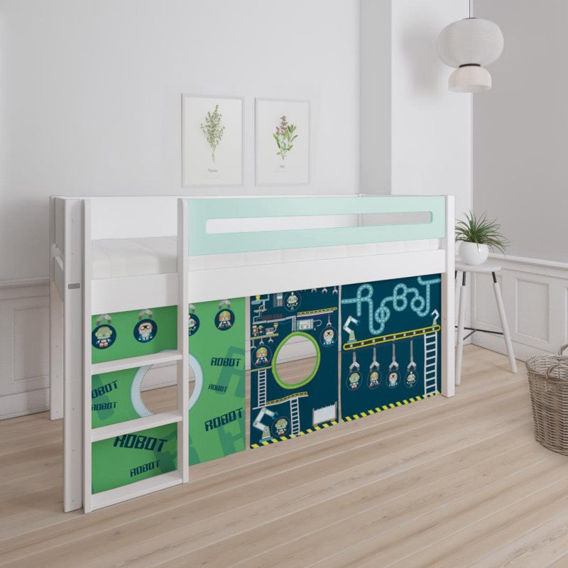 Manis-h White Mid Sleeper Bed with Safety Rail in Azur Mint and Robot Play Curtain
