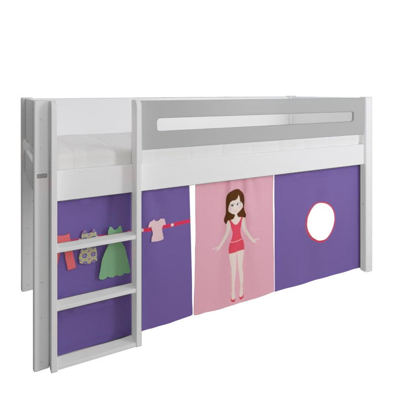 Manis-h White Mid Sleeper Bed with Safety Rail in Silver Grey and Dress Up Doll Play Curtain