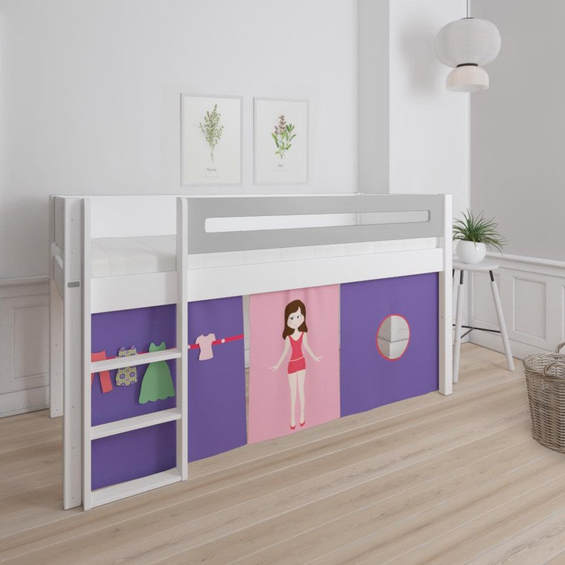 Manis-h White Mid Sleeper Bed with Safety Rail in Silver Grey and Dress Up Doll Play Curtain