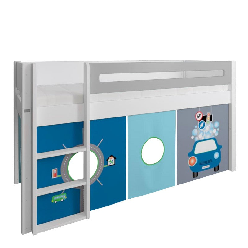 Manis-h White Mid Sleeper Bed with Safety Rail in Silver Grey and Carwash & Traffic Play Curtain