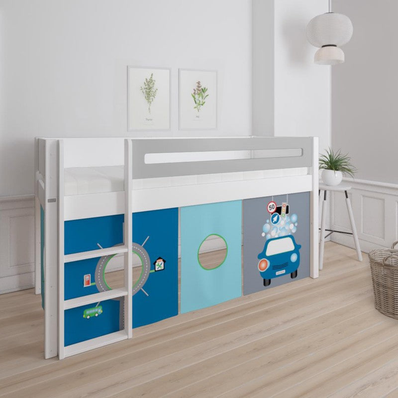 Manis-h White Mid Sleeper Bed with Safety Rail in Silver Grey and Carwash & Traffic Play Curtain