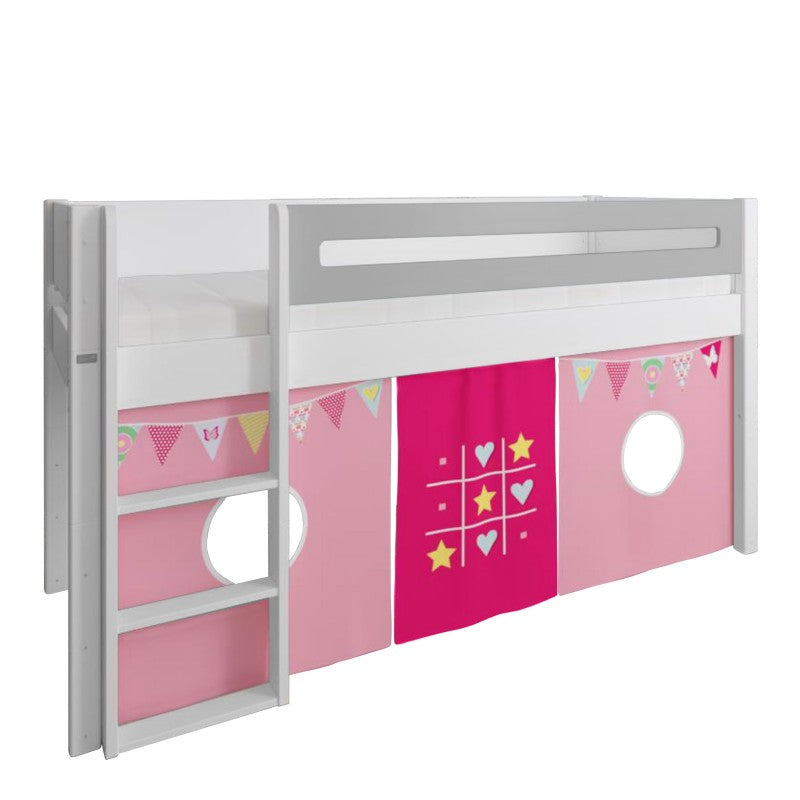 Manis-h White Mid Sleeper Bed with Safety Rail in Silver Grey and TicTacToe & Bunting Play Curtain