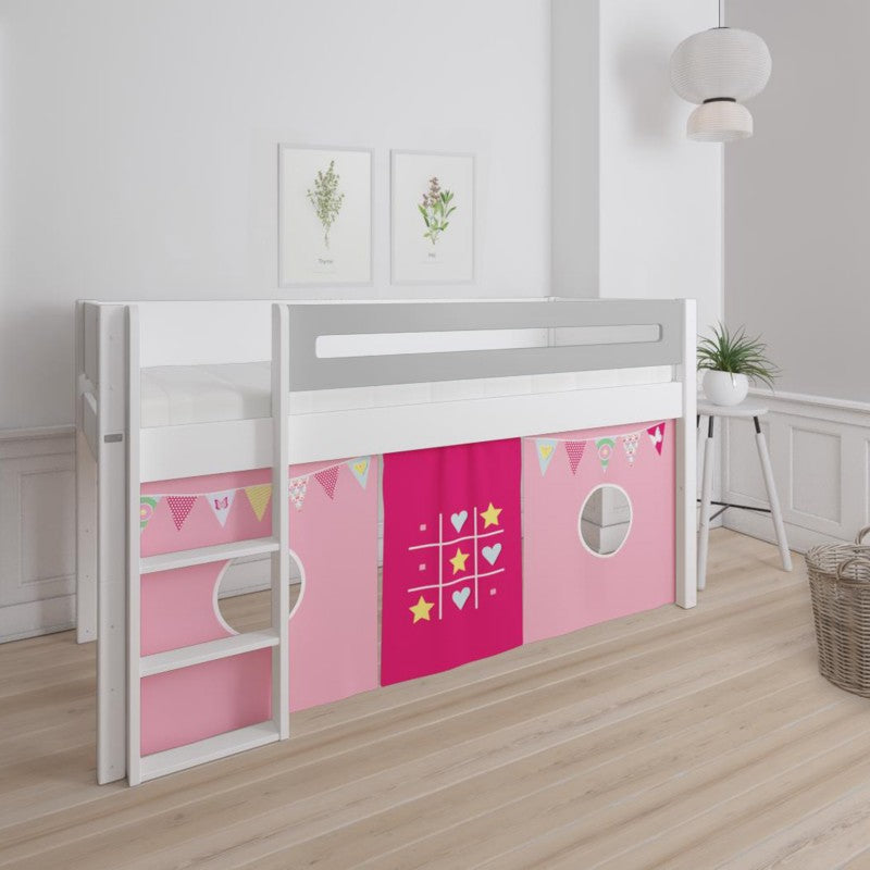 Manis-h White Mid Sleeper Bed with Safety Rail in Silver Grey and TicTacToe & Bunting Play Curtain