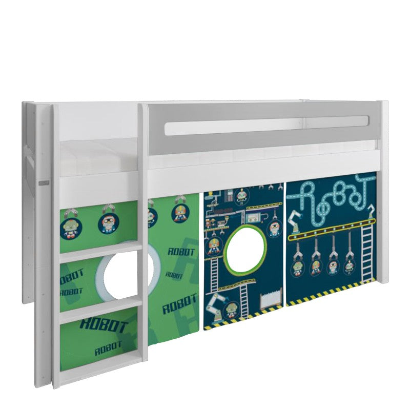 Manis-h White Mid Sleeper Bed with Safety Rail in Silver Grey and Robot Play Curtain